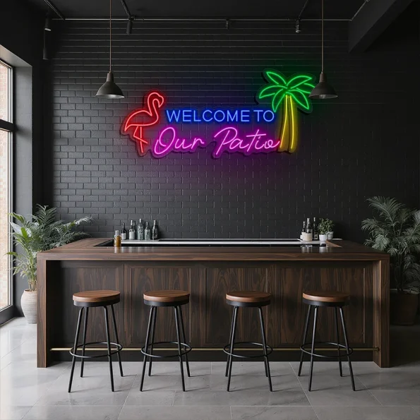 neon sign welcome to our patio flamingo & palm tree bar decor 5