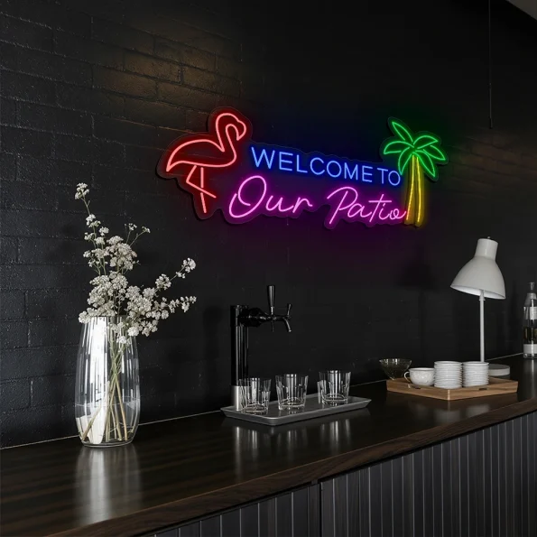 neon sign welcome to our patio flamingo & palm tree bar decor 6