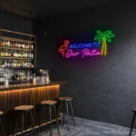 neon sign welcome to our patio flamingo & palm tree bar decor 1