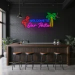 neon sign welcome to our patio flamingo & palm tree bar decor 1