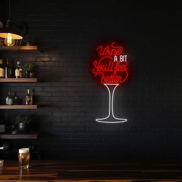 neon sign wine a bit you ll feel better text with wine glass shap 3