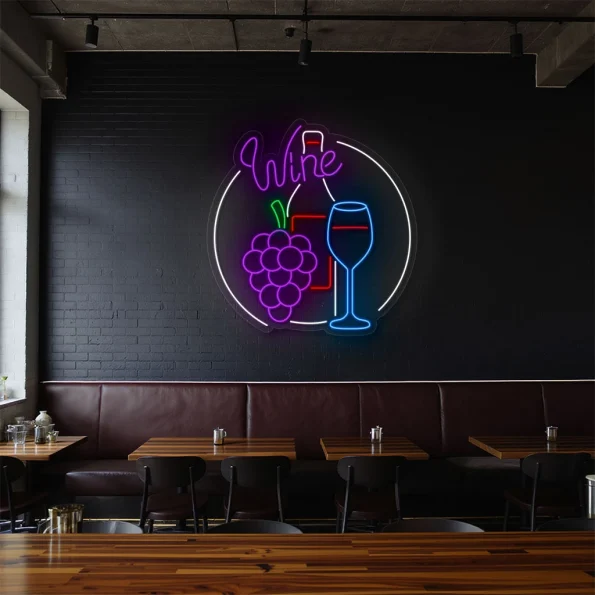 neon sign wine bottle glass and grapes bar decor 1