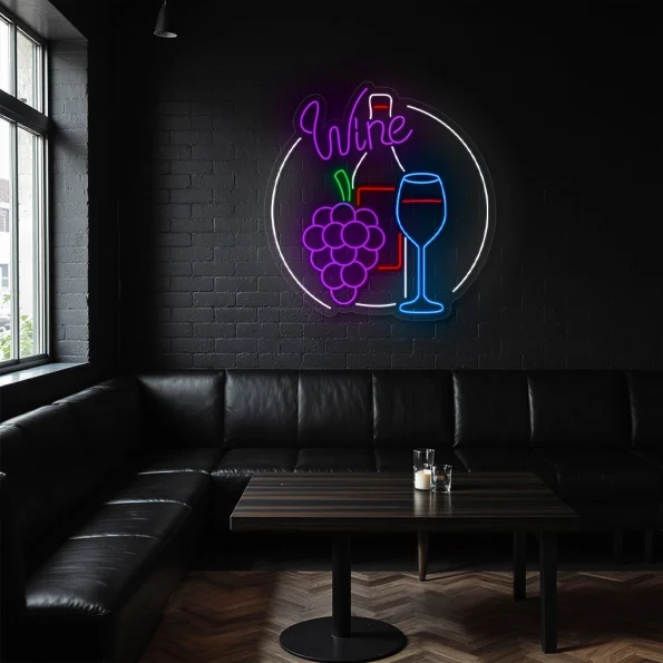neon sign wine bottle glass and grapes bar decor 3