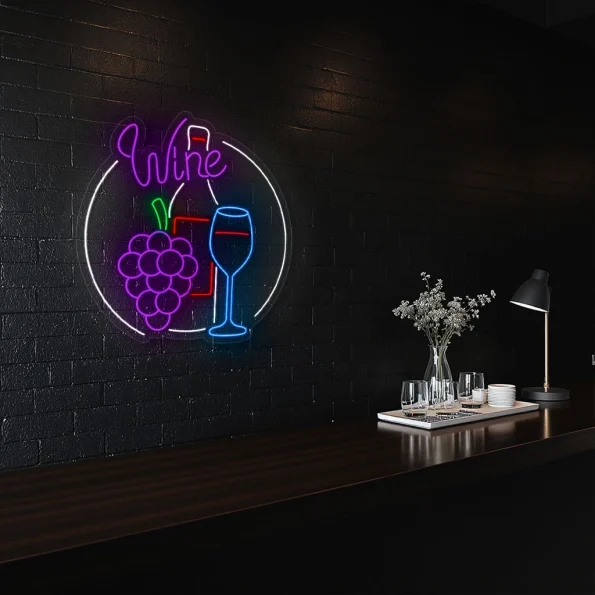 neon sign wine bottle glass and grapes bar decor 5