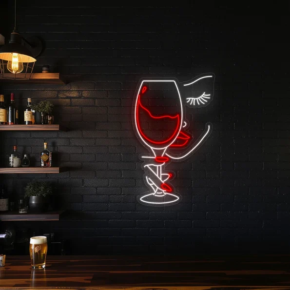 neon sign wine glass face art bar decor 3