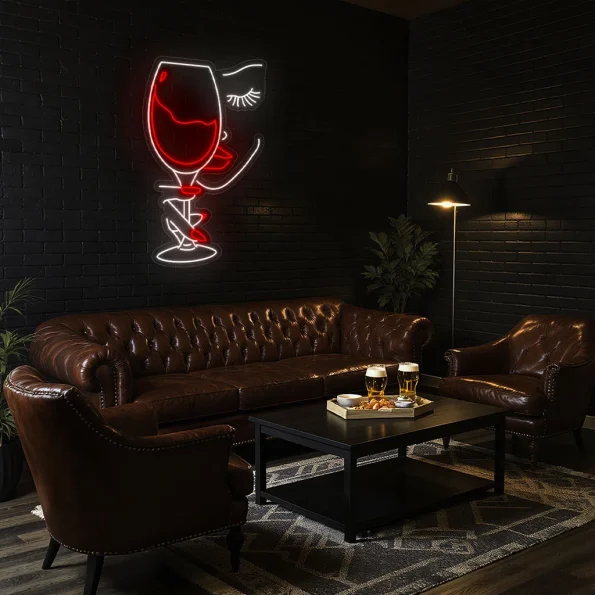 neon sign wine glass face art bar decor 4