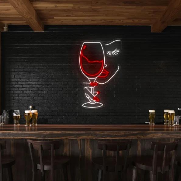 neon sign wine glass face art bar decor 5