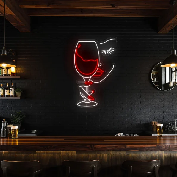 neon sign wine glass face art bar decor 6