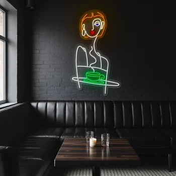 neon sign woman face with coffee cup art for cafe decor 1