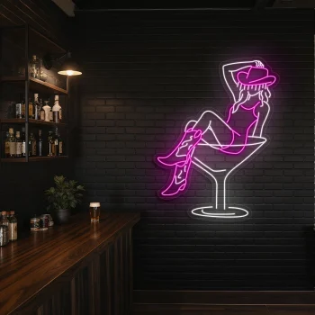 neon sign woman in cocktail glass with cowboy hat bar decor 1