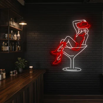 neon sign woman in cocktail glass with cowboy hat bar decor 2