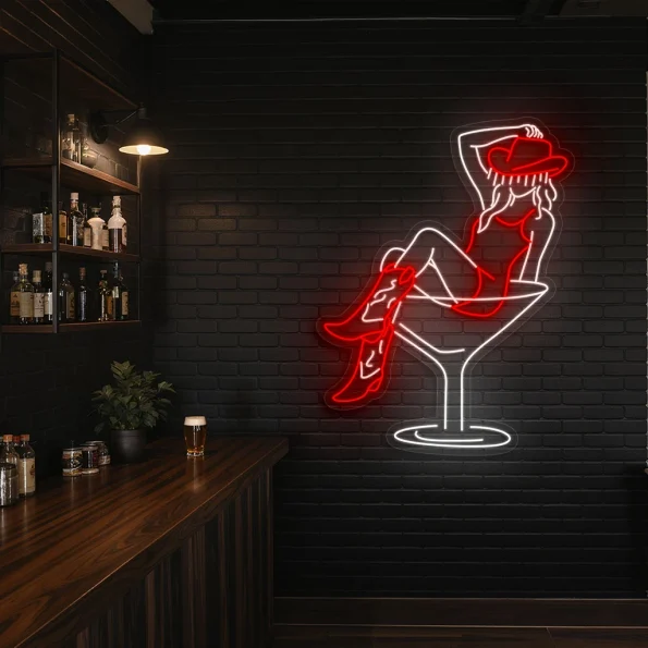 neon sign woman in cocktail glass with cowboy hat bar decor 2