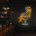 neon sign woman in cocktail glass with cowboy hat bar decor 1