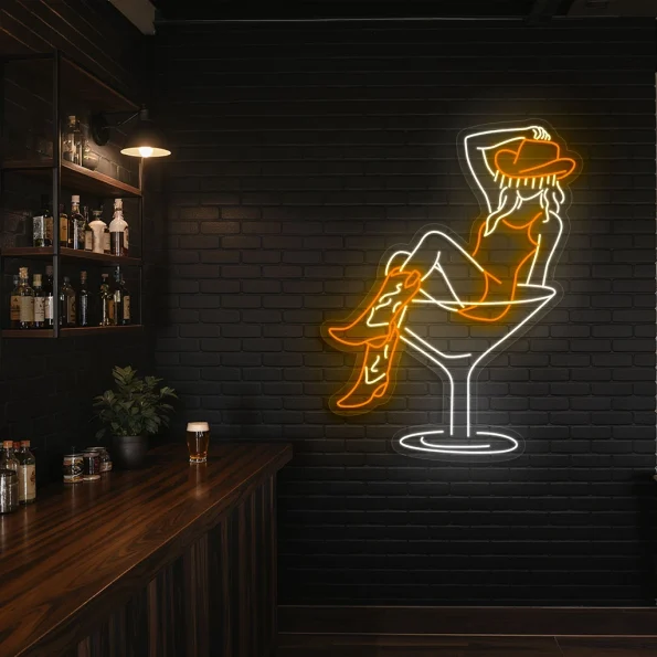 neon sign woman in cocktail glass with cowboy hat bar decor 4