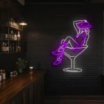 neon sign woman in cocktail glass with cowboy hat bar decor 1