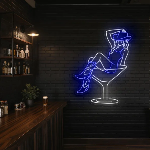 neon sign woman in cocktail glass with cowboy hat bar decor 6