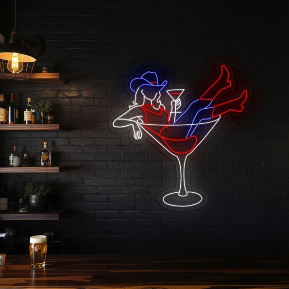 neon sign woman in martini glass bar decor 3