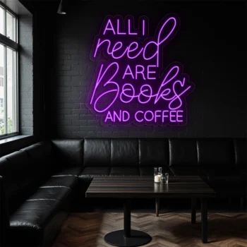 neon sign books and coffee quote purple light wall decor 1