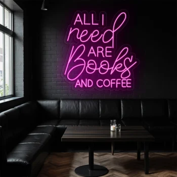 neon sign books and coffee quote purple light wall decor 2