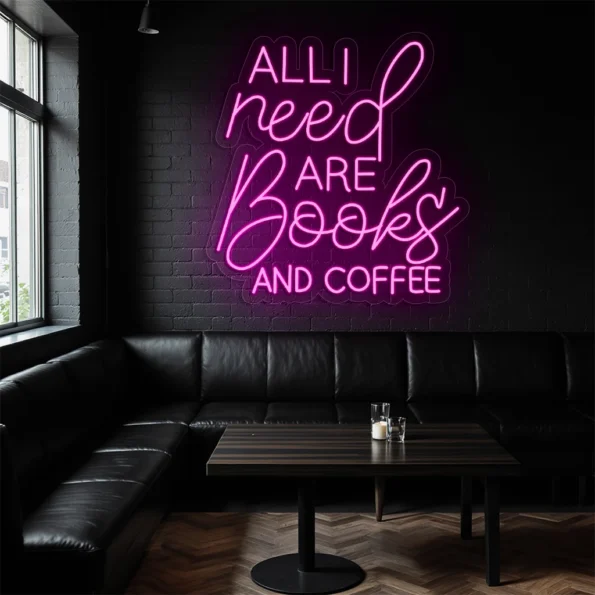 neon sign books and coffee quote purple light wall decor 2