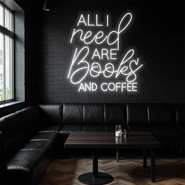 neon sign books and coffee quote purple light wall decor 3