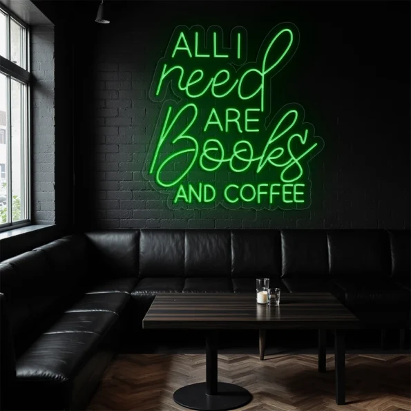neon sign books and coffee quote purple light wall decor 4