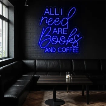 neon sign books and coffee quote purple light wall decor 5