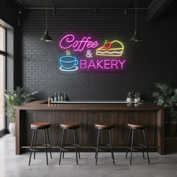 neon sign coffee & bakery text with cup and cake icon coffee shop 1