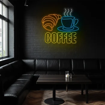 neon sign coffee cup & croissant breakfast caf decor 1