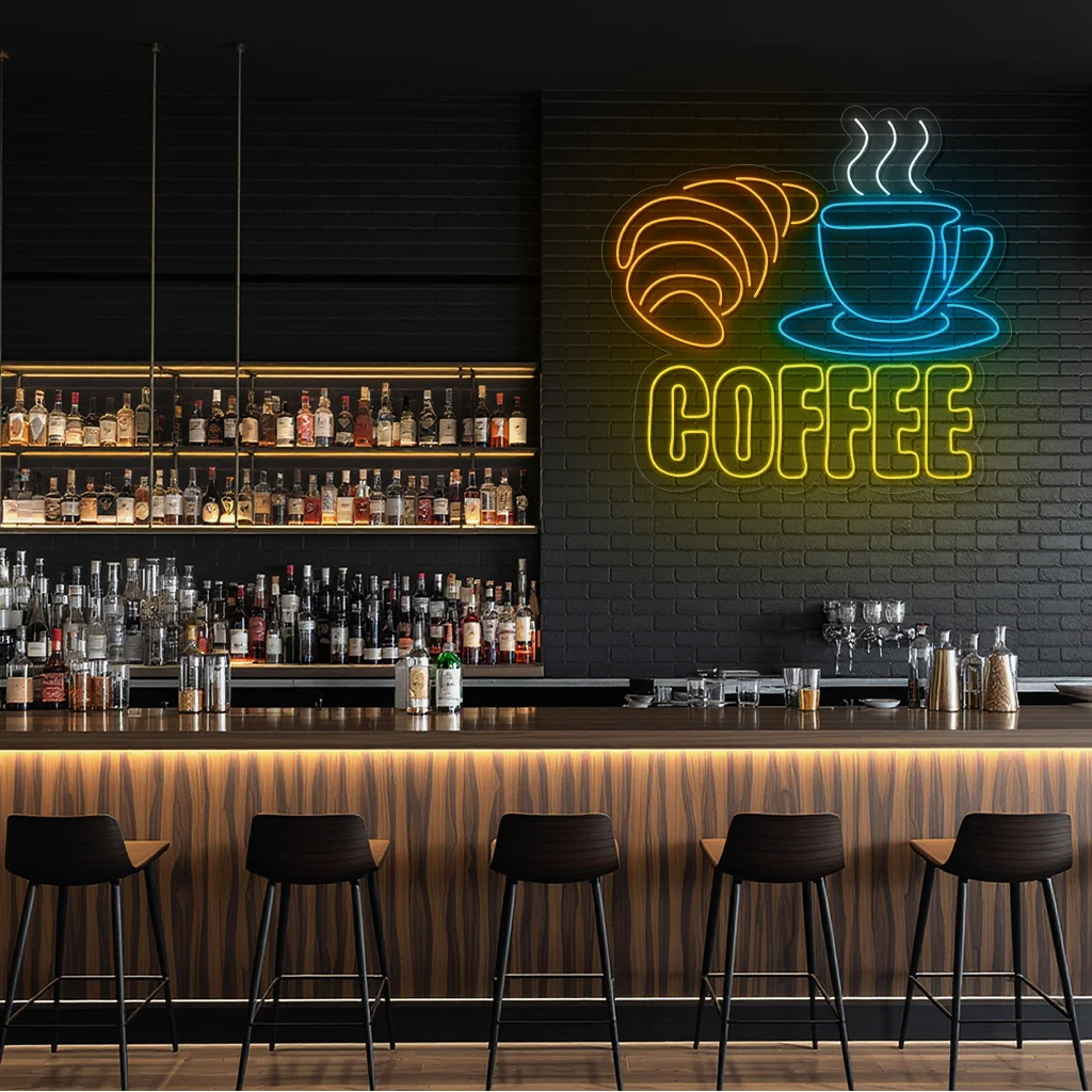 neon sign coffee cup & croissant breakfast caf decor 3 neon sign coffee cup & croissant breakfast caf decor 3