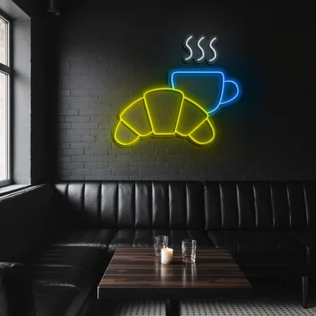 neon sign coffee cup & croissant breakfast cafe decor 1