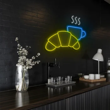 neon sign coffee cup & croissant breakfast cafe decor 6
