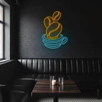 neon sign coffee cup with beans blue and yellow wall decor 1