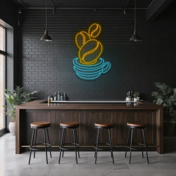 neon sign coffee cup with beans blue and yellow wall decor 2