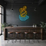 neon sign coffee cup with beans blue and yellow wall decor 1