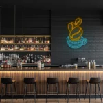 neon sign coffee cup with beans blue and yellow wall decor 1