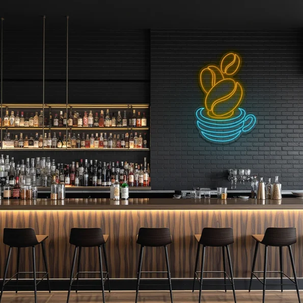 neon sign coffee cup with beans blue and yellow wall decor 3