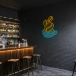 neon sign coffee cup with beans blue and yellow wall decor 1