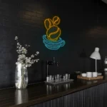 neon sign coffee cup with beans blue and yellow wall decor 1