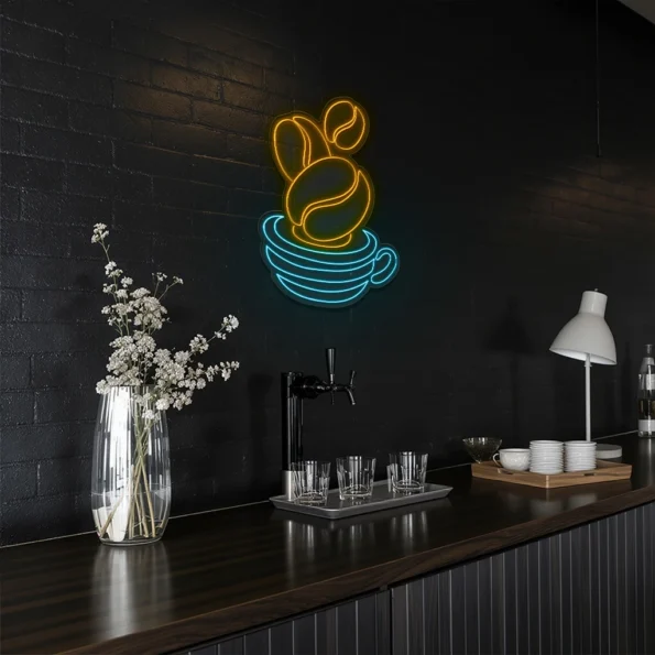 neon sign coffee cup with beans blue and yellow wall decor 5