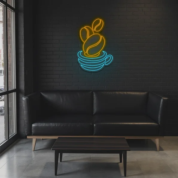 neon sign coffee cup with beans blue and yellow wall decor 6