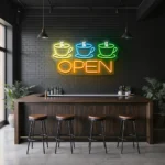 neon sign coffee cups and open text coffee shop decor 1