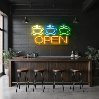 neon sign coffee cups and open text coffee shop decor 1