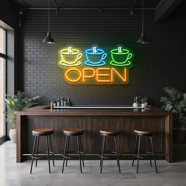 neon sign coffee cups and open text coffee shop decor 1