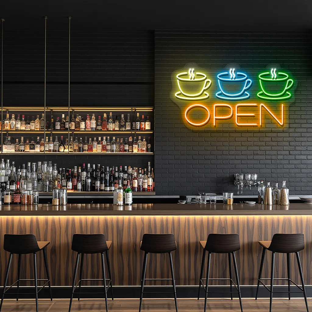 neon sign coffee cups and open text coffee shop decor 2 neon sign coffee cups and open text coffee shop decor 2