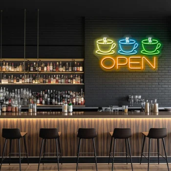 neon sign coffee cups and open text coffee shop decor 2