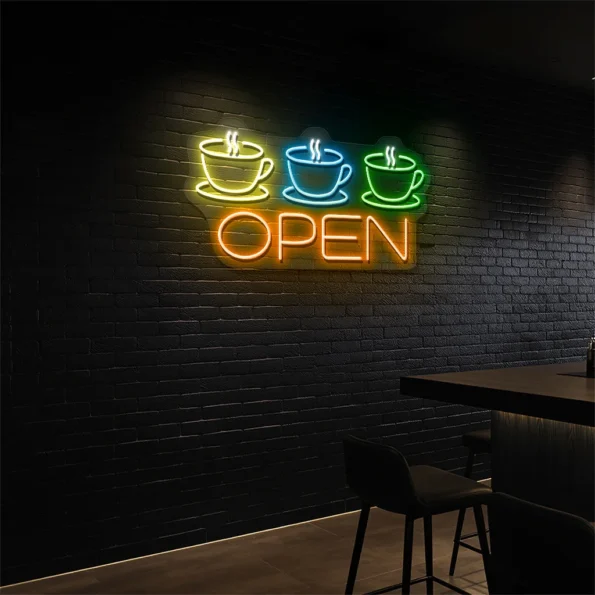 neon sign coffee cups and open text coffee shop decor 3