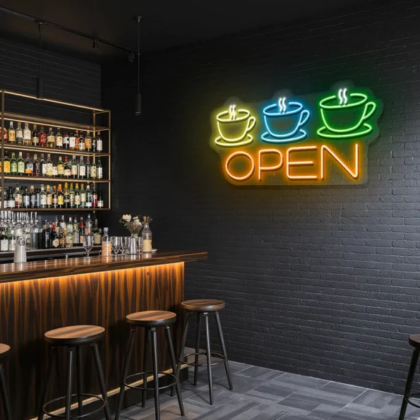 neon sign coffee cups and open text coffee shop decor 4