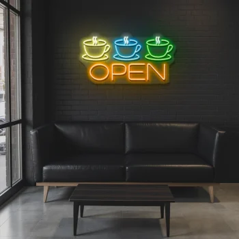 neon sign coffee cups and open text coffee shop decor 6