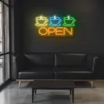 neon sign coffee cups and open text coffee shop decor 1